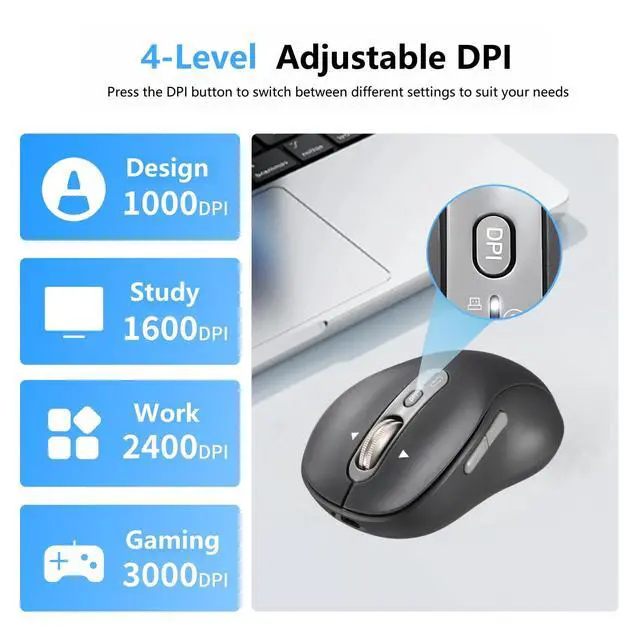 Alt view image 4 of 5 - CITLLA Wireless Bluetooth Mouse, Portable Rechargeable, Multi-Device,4-Level DPI,USB-A Receiver and Two Bluetooth, Multi-System,4-Way Scrollig for MacBook Air/Pro, iPad, Laptop, Computer. (Grey)
