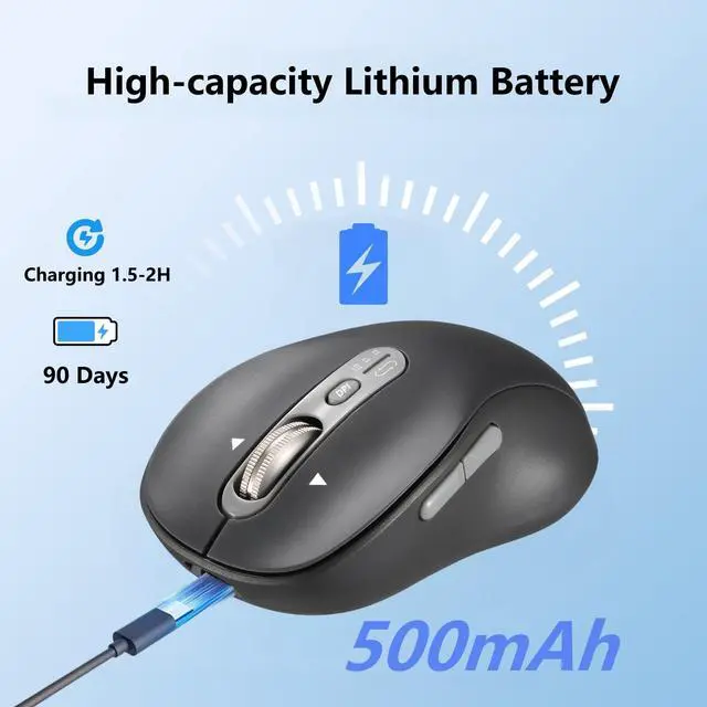 Alt view image 5 of 5 - CITLLA Wireless Bluetooth Mouse, Portable Rechargeable, Multi-Device,4-Level DPI,USB-A Receiver and Two Bluetooth, Multi-System,4-Way Scrollig for MacBook Air/Pro, iPad, Laptop, Computer. (Grey)