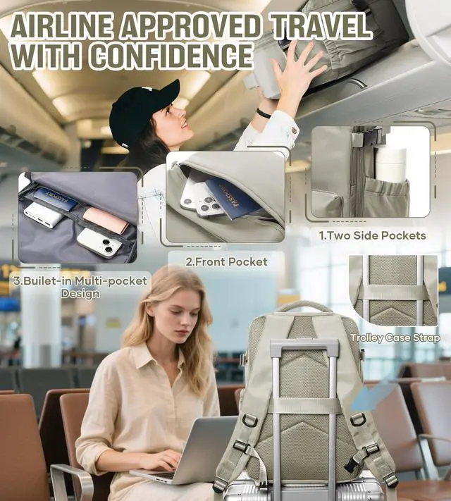 Alt view image 4 of 5 - Vacuum Travel Backpack with Pump for Women, Personal Item Carry on Vacpack Backpacks Flight Approved 18x14x8 inches for Men,Laptop Waterproof Work Compression bags Casual Daypack GreyBrown