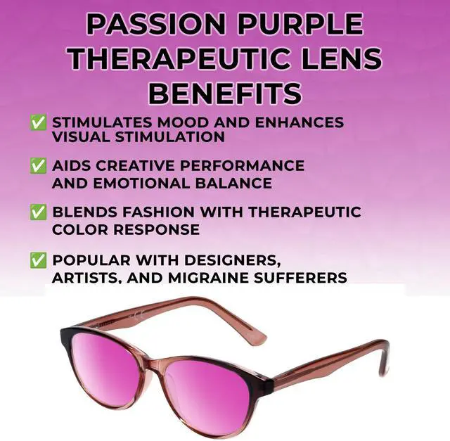 Alt view image 3 of 5 - Medspex Corinne McCormack Polly Color Therapy Reading Glasses +2.50 Pink Black Fade/Passion Purple Womens Fluorescent Light Sensitivity Chromotherapy Chakra Healing