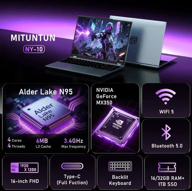 Alt view image 2 of 5 - MITUNTUN 2025 Gaming Laptop (Include Office 365), 16 Inch Laptop Computer with Geforce MX350, N95 4C/4T Processor(up to 3.4Ghz), 32GB RAM 1TB SSD, Backlit Keyboard, FHD 1920 * 1200, WiFi 5, BT 4.0