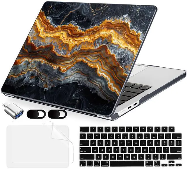 Main image of MecBevia Compatible with MacBook Air 15 inch Case, M4 A3241/M3 A3114/M2 A2941 (Released 2025 to 2023), Hard Shell, Keyboard Cover, Screen Protector, Webcam Cover & Type-C Adapter, Black Gold