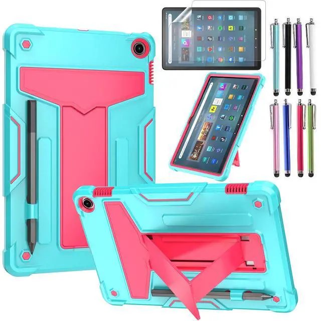 elitegadget Case for Amazon Fire Max 11 (13th Generation, 2023 Released) - Heavy Duty Hybrid Protective Case Cover with Kickstand + 1 Screen Protector and 1 Random Stylus (Teal/Pink)