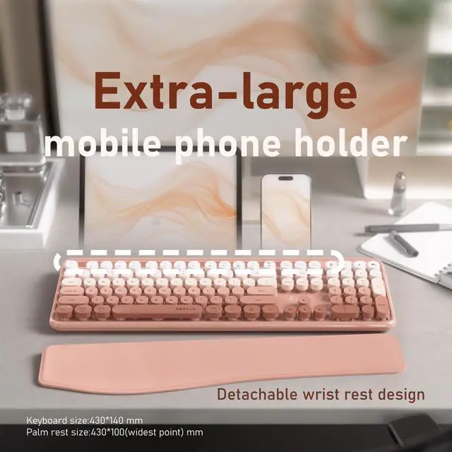 Alt view image 4 of 5 - FCPLU xUBOTIE Wireless Keyboard and Mouse, Colorful 104-Key QWERTY with Round Keys, Phone Holder, Wrist Rest, Power Buttons, 2.4GHz USB for PC Laptop(Peach Gradient)