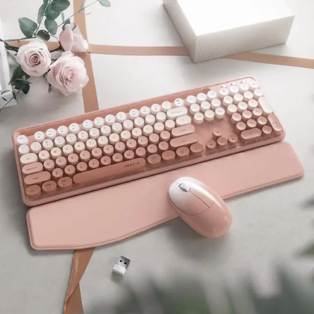 Alt view image 2 of 5 - FCPLU xUBOTIE Wireless Keyboard and Mouse, Colorful 104-Key QWERTY with Round Keys, Phone Holder, Wrist Rest, Power Buttons, 2.4GHz USB for PC Laptop(Peach Gradient)