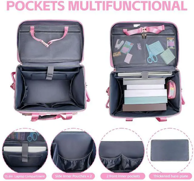 Alt view image 2 of 5 - YIEMICPRO Rolling Teacher Bag with Detachable Cart - 1680D Waterproof Oxford Rolling Cart for Teachers, Large Capacity Tote with Wheels Fits 15.6" Laptop & Tablet(PINK)