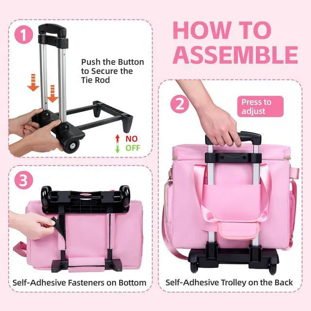 Alt view image 3 of 5 - YIEMICPRO Rolling Teacher Bag with Detachable Cart - 1680D Waterproof Oxford Rolling Cart for Teachers, Large Capacity Tote with Wheels Fits 15.6" Laptop & Tablet(PINK)