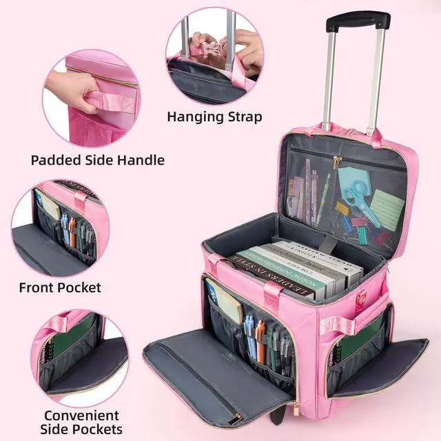 Alt view image 5 of 5 - YIEMICPRO Rolling Teacher Bag with Detachable Cart - 1680D Waterproof Oxford Rolling Cart for Teachers, Large Capacity Tote with Wheels Fits 15.6" Laptop & Tablet(PINK)