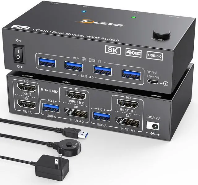 Main image of KVM Switch 2 Monitors 2 Computers 8K@60Hz/4K@144Hz, HDMI Displayport KVM Switches for 2 PC Sharing Dual Monitor and Keyboard Mouse with Power Adapter, Wired Extend Controller and USB3.0 Cables