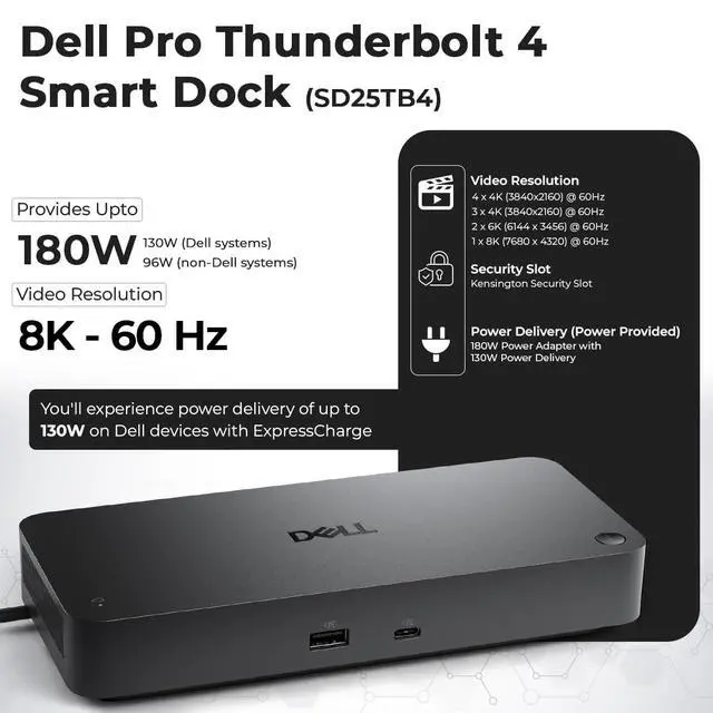 Alt view image 3 of 5 - Dell SD25TB4 Pro Thunderbolt 4 Smart Dock - Supports 8k Display, 3 Years Warranty with 180W Adapter, HDMI, DisplayPort, Thunderbolt Cable, Cloth - USB C Docking Station Hub with Accessories