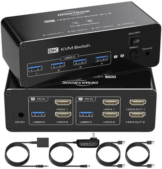 Main image of DEMEXBOOK HDMI KVM Switch 2 Monitors 2 Computers 8K@60Hz 4K@120Hz, with 4 USB 3.0 Ports for 2 Computers Sharing 2 Monitors, Extended/Copy Mode, with Power Adapter,Includes Remote & 2 USB Cables