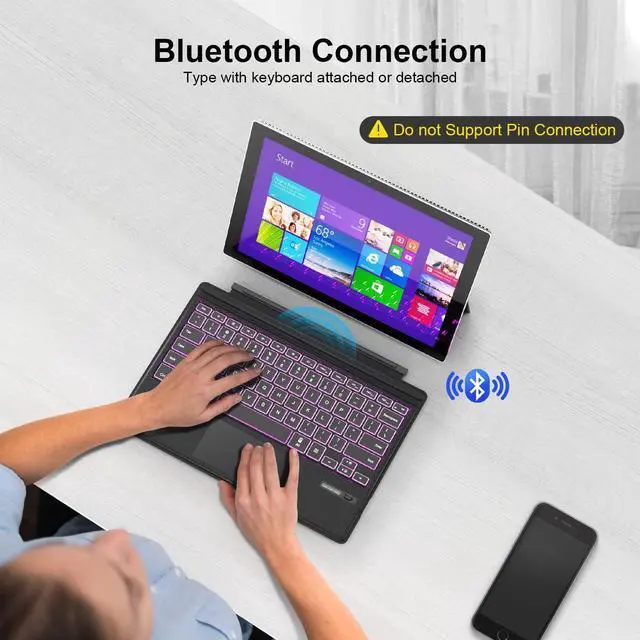 Alt view image 3 of 5 - TOMSENN Surface Pro Type Cover, Portable Wireless Bluetooth Keyboard with Touchpad, 7-Color LED Backlit and Built-in Rechargeable Battery (LED Backlit)