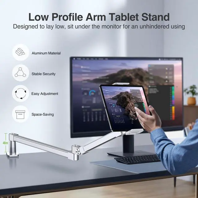 Alt view image 2 of 5 - elitehood iPad Holder Stand for Desk & Bed, 28-inch Tablet Arm Mount with Clamp, Easy Adjustable Aluminum iPad Desk Mount for Office Home, Compatible with 4/7-13in Tablets and Cell Phones, Sliver