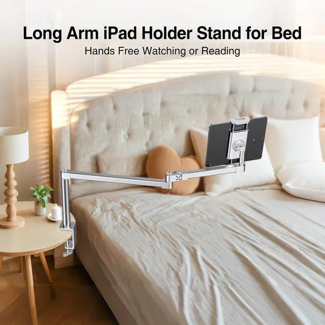 Alt view image 3 of 5 - elitehood iPad Holder Stand for Desk & Bed, 28-inch Tablet Arm Mount with Clamp, Easy Adjustable Aluminum iPad Desk Mount for Office Home, Compatible with 4/7-13in Tablets and Cell Phones, Sliver
