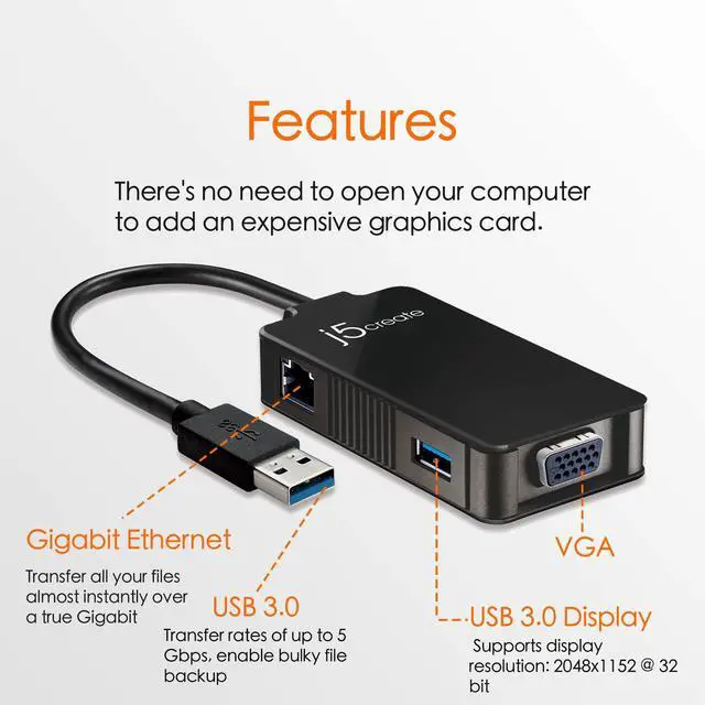 Alt view image 2 of 5 - j5create USB to VGA Adapter- USB 3.0/2.0 & Gigabit Ethernet Multi Monitor Display Hub | External Graphics Card Converter | 5 Gbps Transfer Speed | 1080p HD Video Playback | 2048 x 1152 @ 32 bit