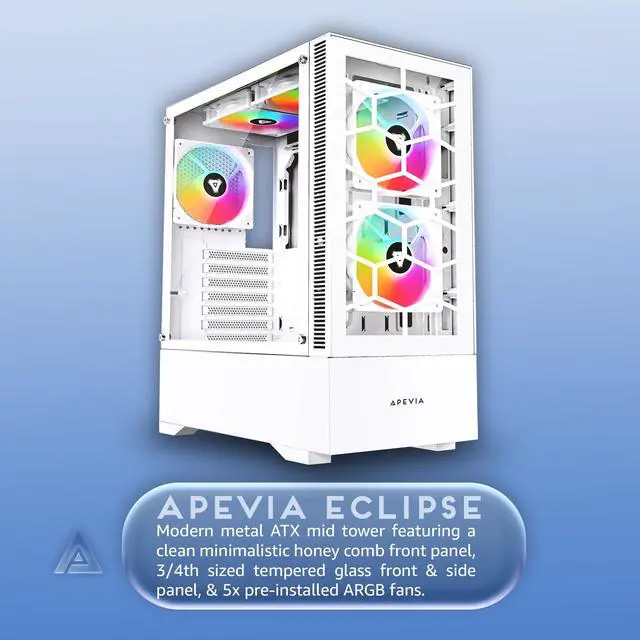 Alt view image 2 of 5 - Apevia Eclipse-WH Eclipse Mid Tower Gaming PC Case w/ 5X 120mm ARGB Fans, 366 RGB Light Modes, Minimalistic Honeycomb Design, Tempered Glass Front & Side Panels, 1X USB3.0, 2X USB2.0, White