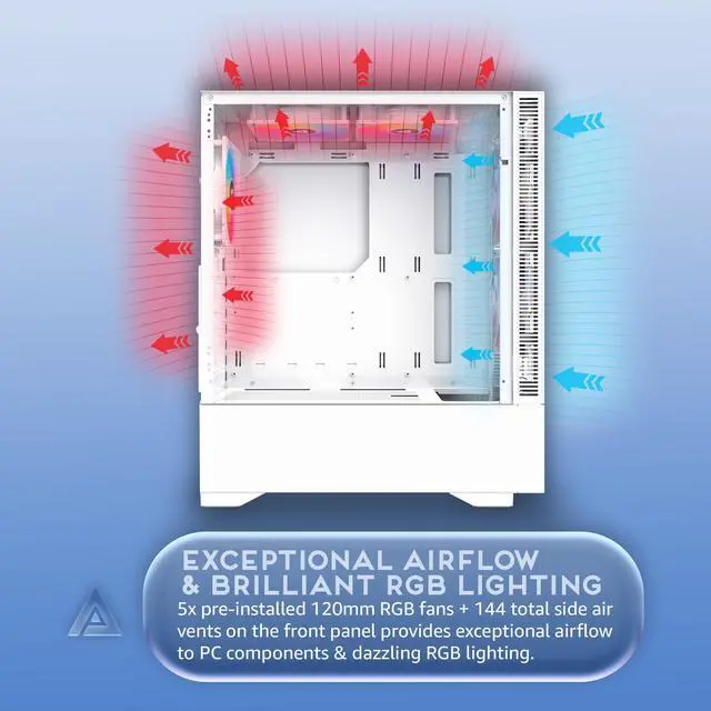 Alt view image 4 of 5 - Apevia Eclipse-WH Eclipse Mid Tower Gaming PC Case w/ 5X 120mm ARGB Fans, 366 RGB Light Modes, Minimalistic Honeycomb Design, Tempered Glass Front & Side Panels, 1X USB3.0, 2X USB2.0, White