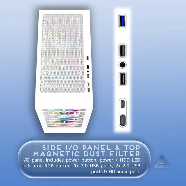 Alt view image 5 of 5 - Apevia Eclipse-WH Eclipse Mid Tower Gaming PC Case w/ 5X 120mm ARGB Fans, 366 RGB Light Modes, Minimalistic Honeycomb Design, Tempered Glass Front & Side Panels, 1X USB3.0, 2X USB2.0, White