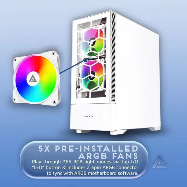 Alt view image 3 of 5 - Apevia Eclipse-WH Eclipse Mid Tower Gaming PC Case w/ 5X 120mm ARGB Fans, 366 RGB Light Modes, Minimalistic Honeycomb Design, Tempered Glass Front & Side Panels, 1X USB3.0, 2X USB2.0, White