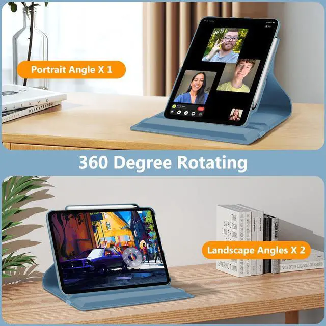 Alt view image 4 of 5 - Fintie Rotating Case for iPad Air 13-inch (M3) 2025, (M2) 2024-360 Degree Swiveling Protective Stand Cover with Pencil Holder, Auto Wake/Sleep, Ocean Blue