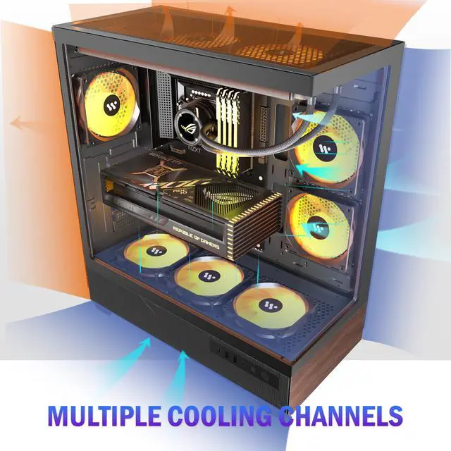 Alt view image 3 of 5 - KEDIERS PC CASE ATX 5 PWM ARGB Fans Pre-Installed, Mid Tower Computer Case with Full-View Tempered Glass, Type-C,Printed Walnut Wood Panels,Support 360mm Radiator,Black Gaming Case,P6