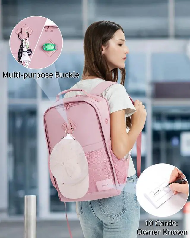 Alt view image 3 of 5 - ECOHUB Travel Backpack for Women Men, 17.3" Laptop Backpack with Hat Clip Water-Resistant Carry On Casual Daypack Lightweight Personal Item Bag with USB Charging Port for Travel Hiking College, Pink