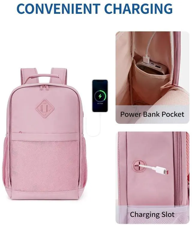 Alt view image 5 of 5 - ECOHUB Travel Backpack for Women Men, 17.3" Laptop Backpack with Hat Clip Water-Resistant Carry On Casual Daypack Lightweight Personal Item Bag with USB Charging Port for Travel Hiking College, Pink