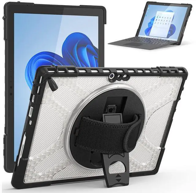 Main image of Junfire Protective Case for Microsoft Surface Pro 7 Plus, Surface Pro 7/6/5/4 Shockproof Rugged Case with 360°Rotating Kickstand/Hand Strap/Stylus Holder, Compatible with Type Cover Keyboard,Clear