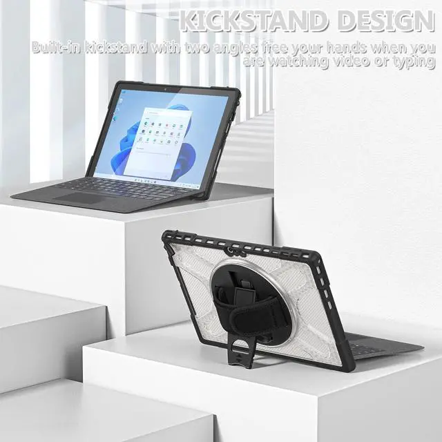 Alt view image 4 of 5 - Junfire Protective Case for Microsoft Surface Pro 7 Plus, Surface Pro 7/6/5/4 Shockproof Rugged Case with 360°Rotating Kickstand/Hand Strap/Stylus Holder, Compatible with Type Cover Keyboard,Clear