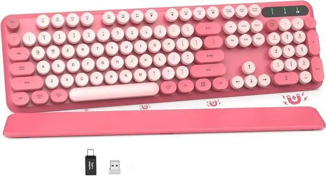 Main image of Retro Typewriter Wireless Keyboard, Pink Round Keycaps with Detachable Wrist Rest, Vintage Style Computer Cordless Keyboard, Cute Full-size for Windows/PC/Laptop (Ideal for Writer/Gamer/Office)