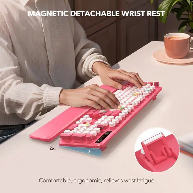 Alt view image 2 of 5 - Retro Typewriter Wireless Keyboard, Pink Round Keycaps with Detachable Wrist Rest, Vintage Style Computer Cordless Keyboard, Cute Full-size for Windows/PC/Laptop (Ideal for Writer/Gamer/Office)