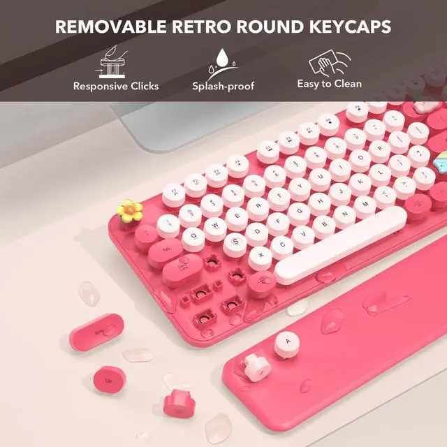 Alt view image 4 of 5 - Retro Typewriter Wireless Keyboard, Pink Round Keycaps with Detachable Wrist Rest, Vintage Style Computer Cordless Keyboard, Cute Full-size for Windows/PC/Laptop (Ideal for Writer/Gamer/Office)