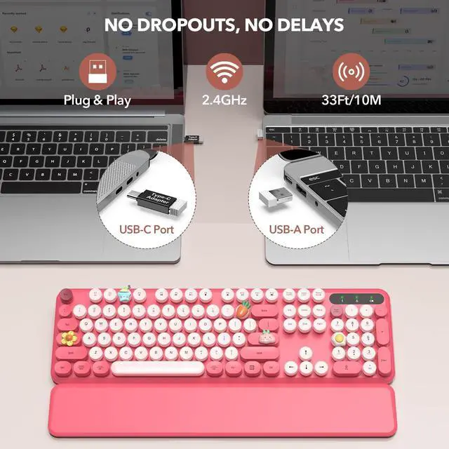 Alt view image 5 of 5 - Retro Typewriter Wireless Keyboard, Pink Round Keycaps with Detachable Wrist Rest, Vintage Style Computer Cordless Keyboard, Cute Full-size for Windows/PC/Laptop (Ideal for Writer/Gamer/Office)