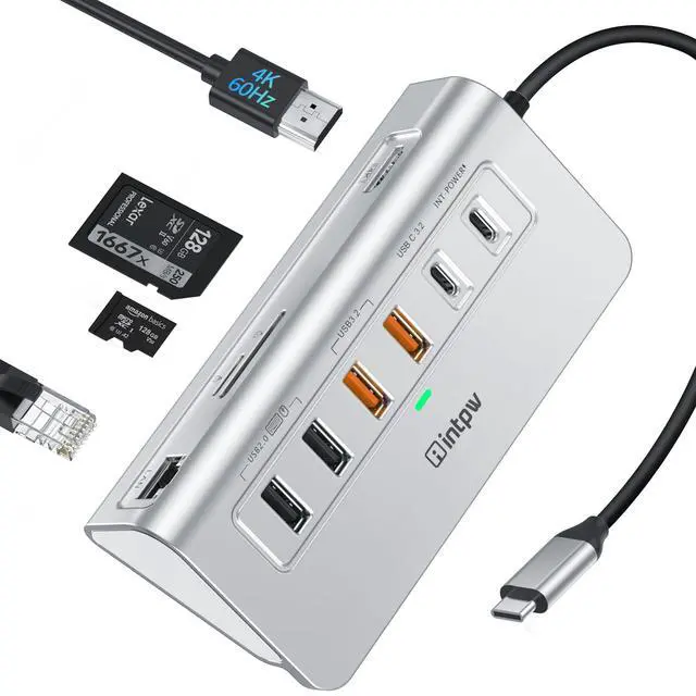 Main image of intpw USB C Hub Ethernet, 10-in-1 USB Docking Station 10Gbps with 4K@60Hz HDMI, USB C and 2 USB A 3.2 Data, LAN, 2 USB A 2.0, PD 100W, SD/TF Ports, Powered USB Hub for Laptop, PC, iPhone 16/15, Mac