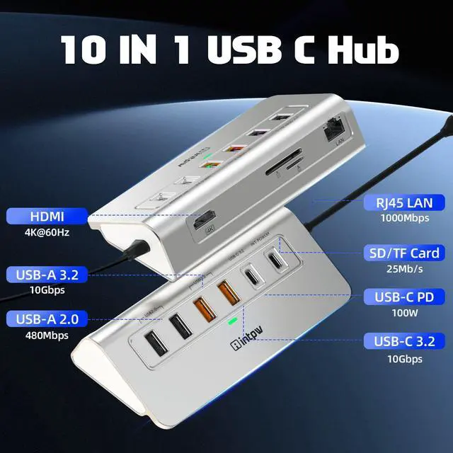 Alt view image 2 of 5 - intpw USB C Hub Ethernet, 10-in-1 USB Docking Station 10Gbps with 4K@60Hz HDMI, USB C and 2 USB A 3.2 Data, LAN, 2 USB A 2.0, PD 100W, SD/TF Ports, Powered USB Hub for Laptop, PC, iPhone 16/15, Mac