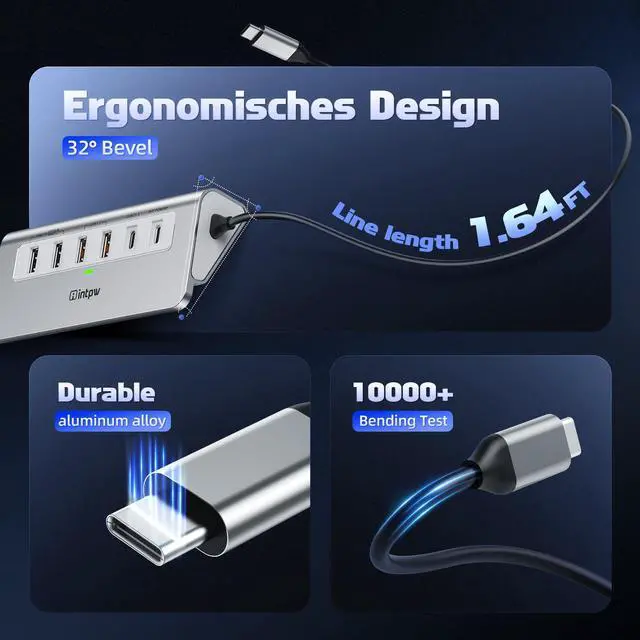 Alt view image 3 of 5 - intpw USB C Hub Ethernet, 10-in-1 USB Docking Station 10Gbps with 4K@60Hz HDMI, USB C and 2 USB A 3.2 Data, LAN, 2 USB A 2.0, PD 100W, SD/TF Ports, Powered USB Hub for Laptop, PC, iPhone 16/15, Mac