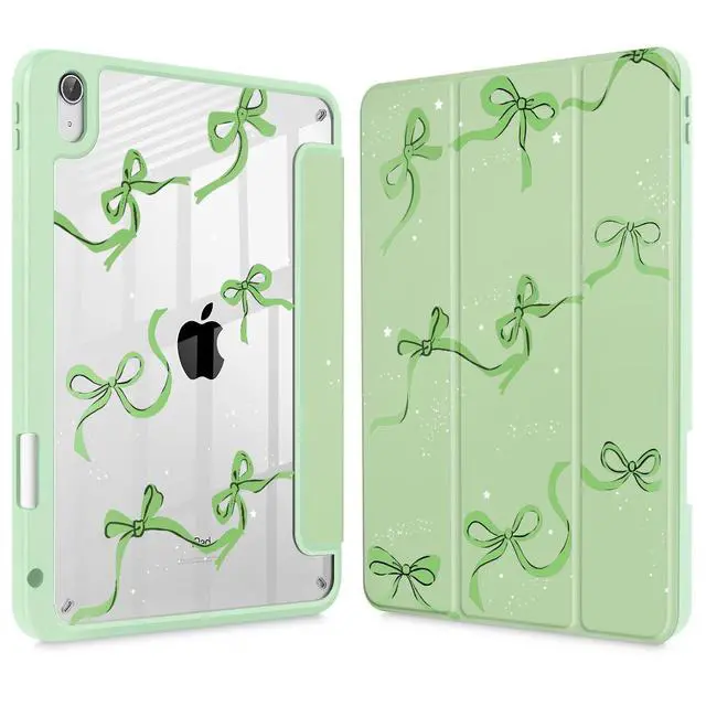Main image of May Chen for iPad (A16) 11th Generation Case 11 Inch 2025, iPad 10th Gen Case 2022 10.9 inch, Built-in Pencil Holder with Shockproof Cover Clear Transparent Back Shell Auto Wake/Sleep, Bows Green