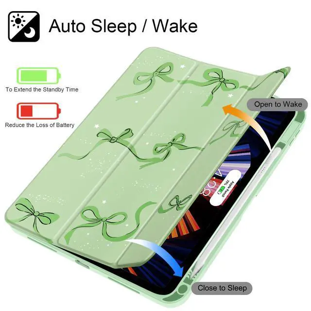 Alt view image 3 of 5 - May Chen for iPad (A16) 11th Generation Case 11 Inch 2025, iPad 10th Gen Case 2022 10.9 inch, Built-in Pencil Holder with Shockproof Cover Clear Transparent Back Shell Auto Wake/Sleep, Bows Green