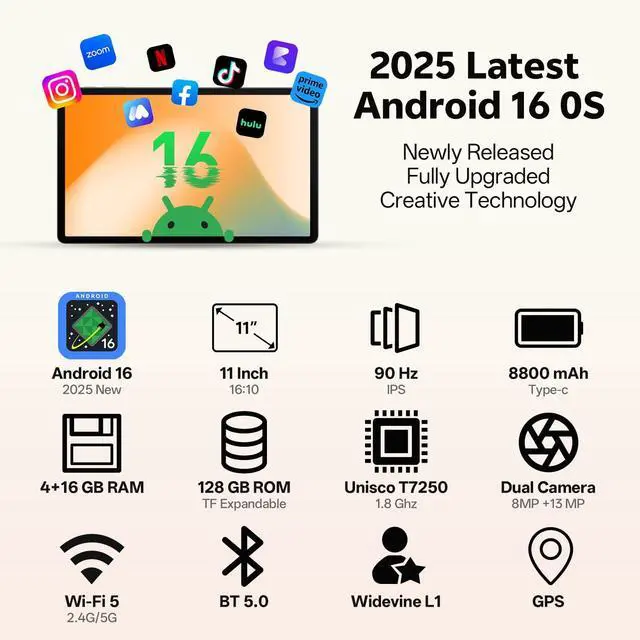 Alt view image 2 of 5 - Android 16 Tablet, 2025 Upgraded 11 inch Android Tablets with Keyboard, 20GB+128GB+1TB Expand, Support Face Unlock+Widevine L1 Supported, Octa-Core CPU,Dual WiFi, Dual Camera,8800mAh Battery, Silver