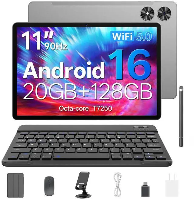 Main image of Android 16 Tablet, 2025 Upgraded 11 inch Android Tablets with Keyboard, 20GB+128GB+1TB Expand, Support Face Unlock+Widevine L1 Supported, Octa-Core CPU,Dual WiFi, Dual Camera,8800mAh Battery, Silver