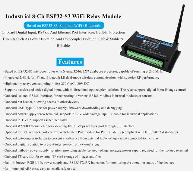 Alt view image 2 of 5 - Industrial 8-Channel ESP32-S3 WiFi Relay Module,Built-in Xtensa 32-bit LX7 Dual-core Processor, Onboard Isolated RS485 Interface+ Network Port + 8-CH Digital Inputs + 8-CH Relays, Supports WiFi/BT