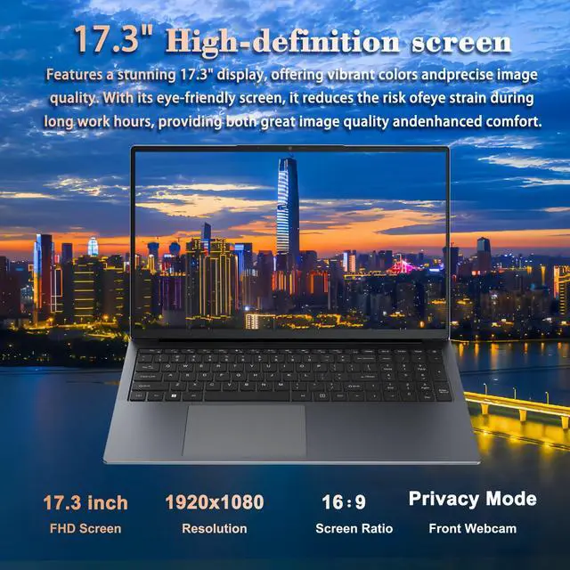 Alt view image 2 of 5 - MTWZMM 17 inch FHD Laptop - 12th Gen Intel Celeron N95 (Up to 3.4GHz), 16GB RAM 256GB SSDOffice/Study, Thin & Portable with Backlit Keyboard, Type-C/HDMI/WiFi 5/RJ45/BT