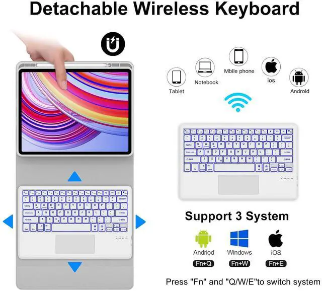 Alt view image 4 of 5 - WINCHKING Touchpad Keyboard Case for Tablet Redmi Pad Pro 12.1 Inch 2024/Poco Pad 12.1 Released 2024,7-Color Backlit,Detachable Wireless Keyboard Protective Case with Pen Holder,Light Gray