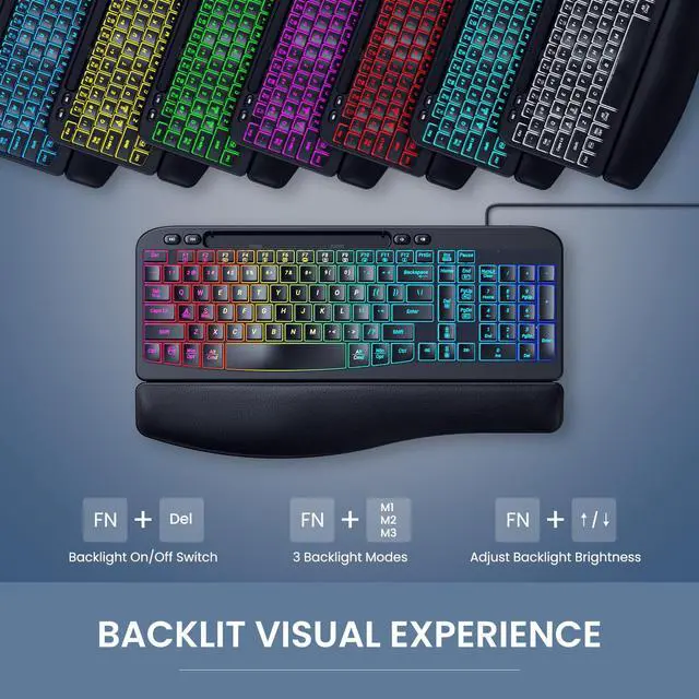 Alt view image 2 of 5 - VEILZOR Ergonomic Backlit Keyboard with Wrist Rest, 7 Colors USB Wired Computer Keyboard, Wave Keys, with Phone/Tablet Holder, Comfortable Lighted Keyboard for PC, Windows and Mac
