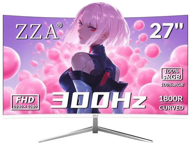 Main image of ZZA 27 inch White Gaming Monitor,300Hz Curved Monitor,Full HD 1080P White Computer Monitor,Eye-Care Display with HDMI,DP,FreeSync,Wall Mountable for Gaming and Office