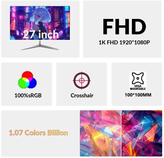 Alt view image 3 of 5 - ZZA 27 inch White Gaming Monitor,300Hz Curved Monitor,Full HD 1080P White Computer Monitor,Eye-Care Display with HDMI,DP,FreeSync,Wall Mountable for Gaming and Office