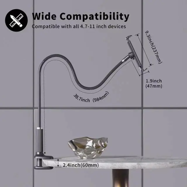 Alt view image 2 of 5 - Niumowa Gooseneck Tablet Holder - Flexible Tablet Stand, Tablet Holder,Cell Phone Holder,Cell Stand, Flexible Adjustable Arm in Bed for/Mobile Phone/Switch/etc, 98 cm Total Length (Black)