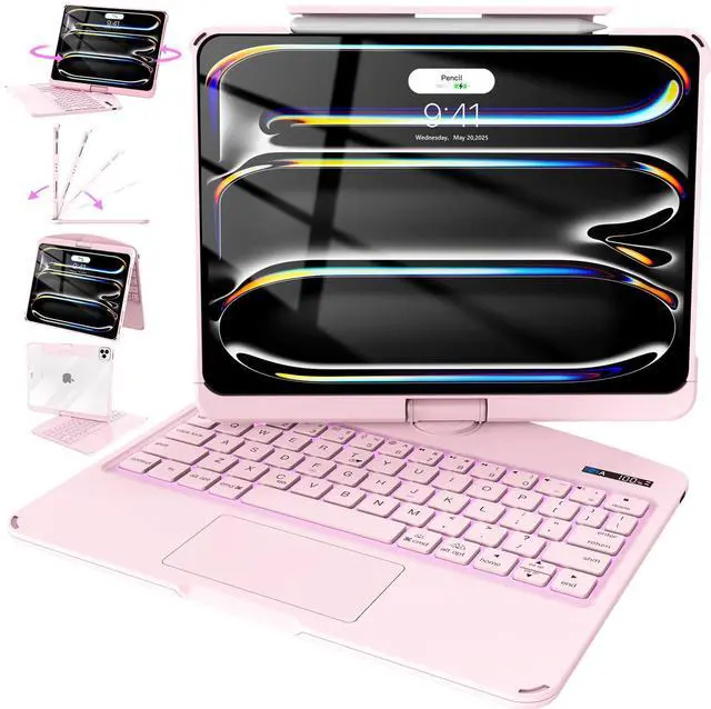 Main image of Intermerge for iPad Pro 13(M4,2024) Case with Keyboard Clear,360° Rotatable Multi-Touch Trackpad,7-Color Backlit Magnetic Keyboard Case with Pencil Holder and Type-C Charging - Pink