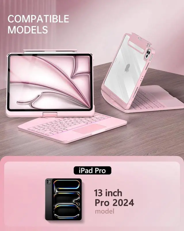 Alt view image 2 of 5 - Intermerge for iPad Pro 13(M4,2024) Case with Keyboard Clear,360° Rotatable Multi-Touch Trackpad,7-Color Backlit Magnetic Keyboard Case with Pencil Holder and Type-C Charging - Pink