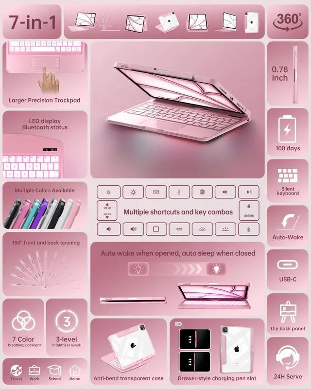 Alt view image 3 of 5 - Intermerge for iPad Pro 13(M4,2024) Case with Keyboard Clear,360° Rotatable Multi-Touch Trackpad,7-Color Backlit Magnetic Keyboard Case with Pencil Holder and Type-C Charging - Pink